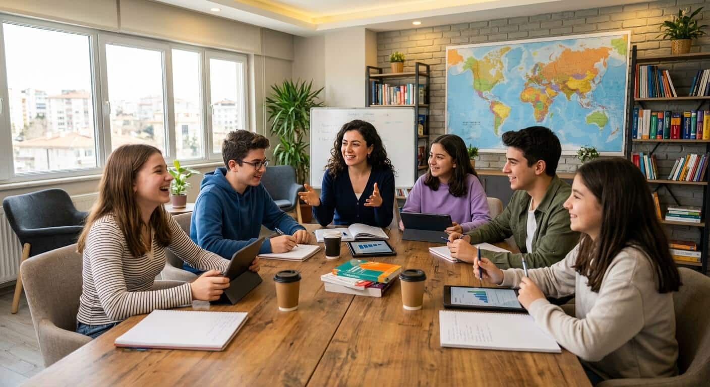 Gençler için İngilizce kursu Active English'te 13-17 yaş öğrenciler sınıf ortamında ders alıyor