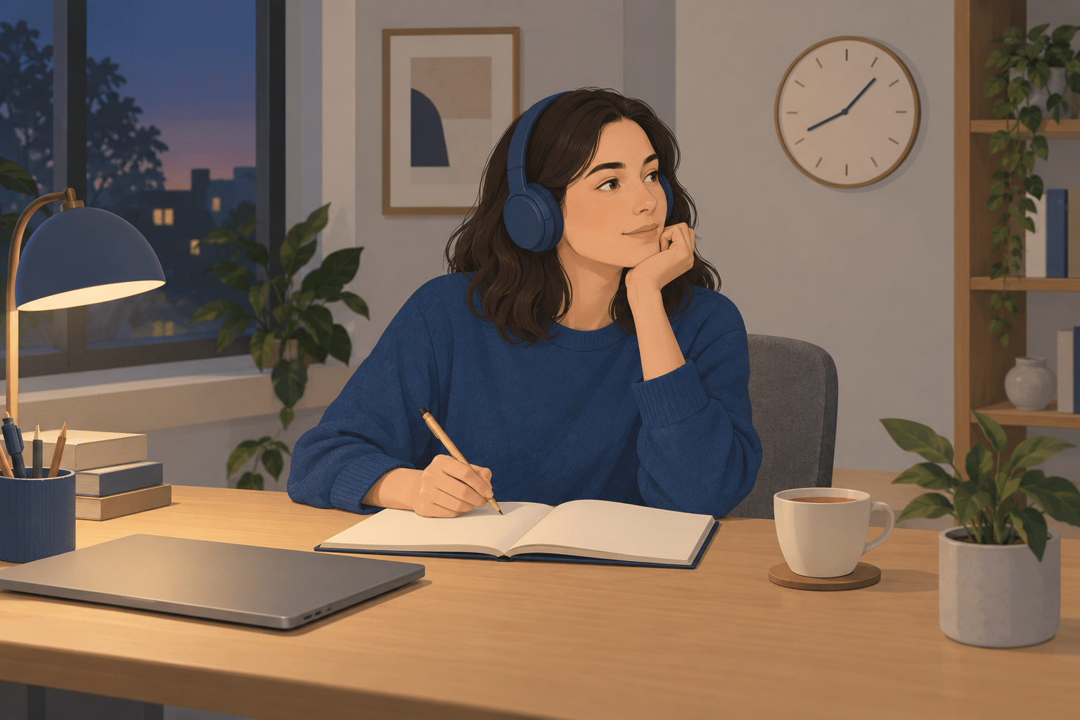 IELTS kaç ayda hazırlanılır: akşam derli toplu bir çalışma köşesinde kulaklıkla dikkatle dinleyip kalemiyle boş sayfalı defterin başında oturan genç, yanında kapalı dizüstü bilgisayar, çay fincanı ve rakamsız duvar saati illüstrasyonu