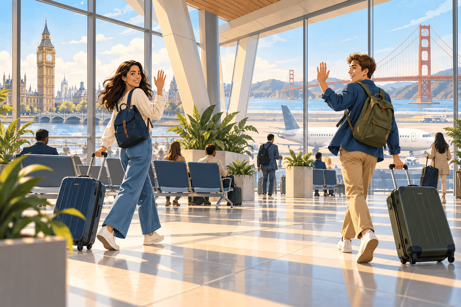 IELTS mi TOEFL mi: aydınlık, geniş bir havalimanı terminalinde valizlerini çekerek zıt yönlere yürüyen ve dönüp birbirine el sallayan iki genç öğrenci; biri Big Ben ve Thames silueti görünen yüksek pencereye, öteki Golden Gate Köprüsü görünen pencereye ilerliyor illüstrasyonu