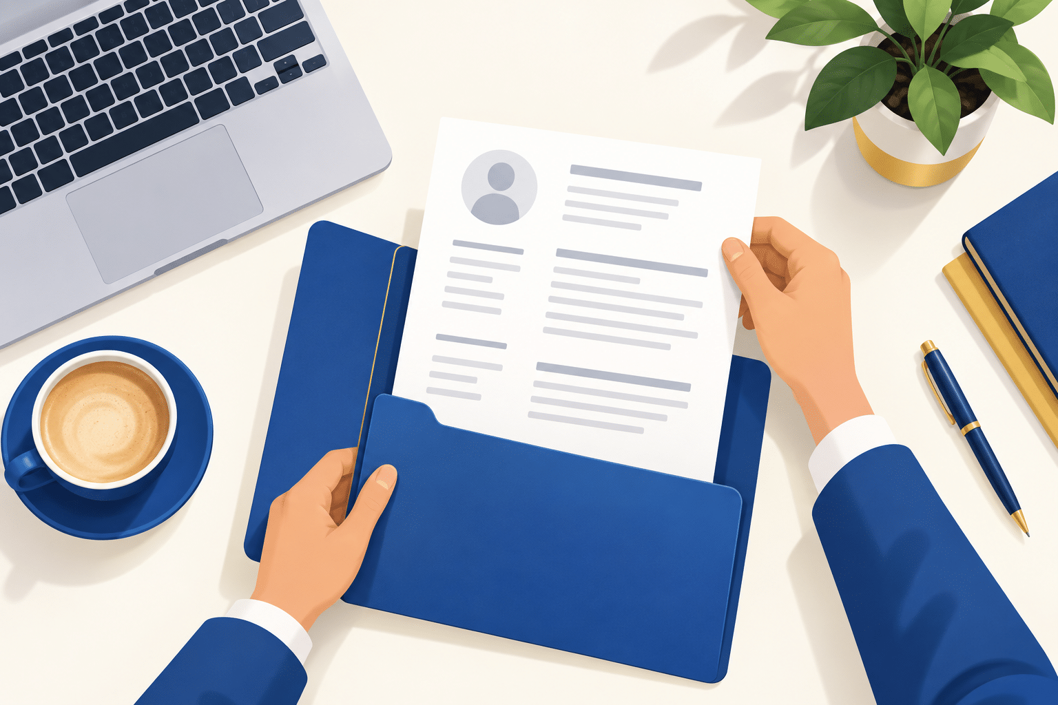 İngilizce CV: dosyaya yerleştirilen özgeçmiş, dizüstü bilgisayar ve kahve fincanı illüstrasyonu