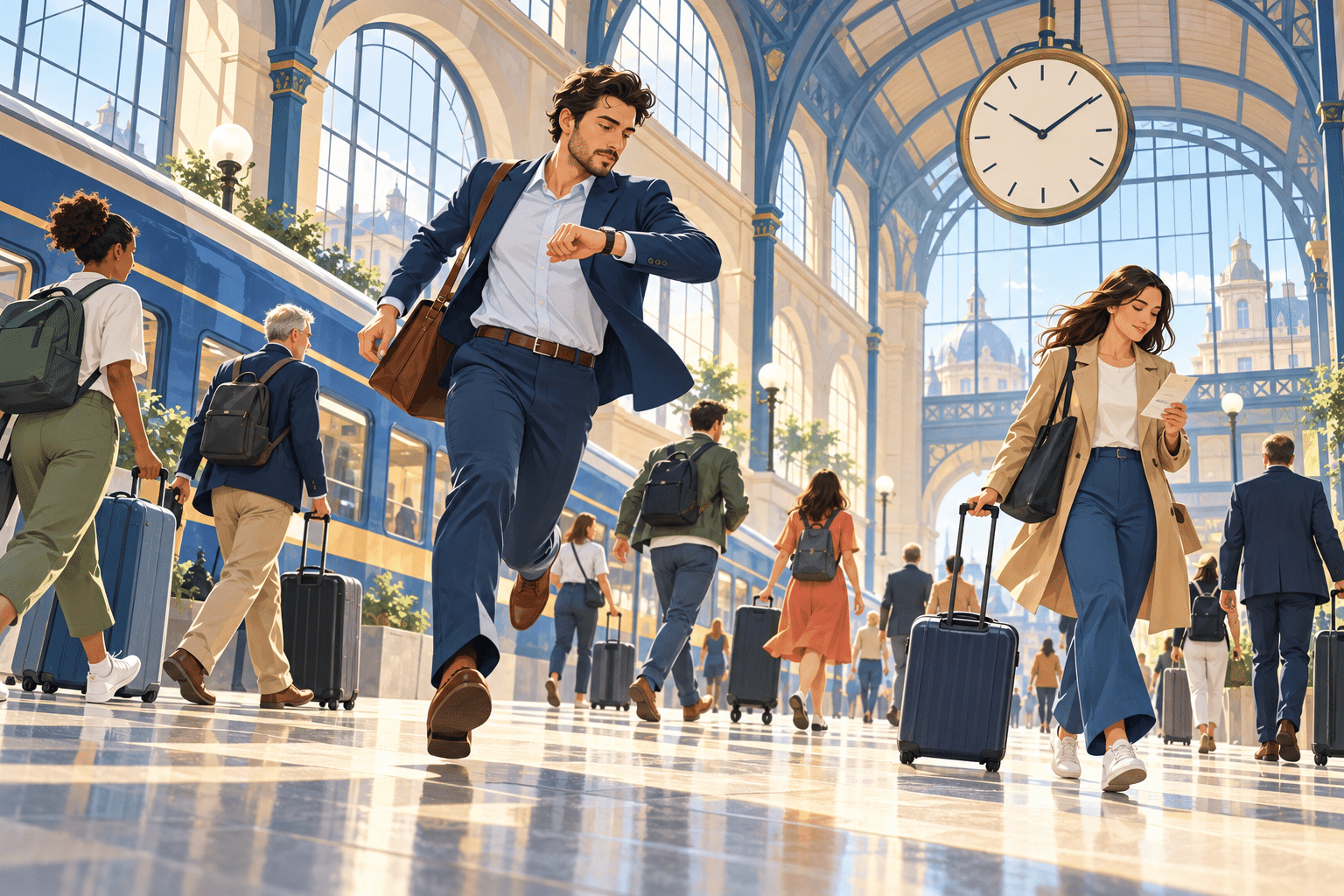 İngilizce saatler: kemerli yüksek pencereli hareketli bir tren garında kol saatine bakarak koşan yolcu, biletine bakan başka bir yolcu ve tavandan sarkan, rakamsız, yalnız çizgileri ve iki ibresi olan büyük yuvarlak istasyon saati illüstrasyonu