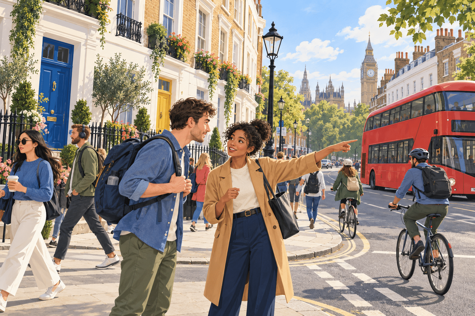 İngilizce soru kelimeleri: Londra'da sabah hareketli bir sokak köşesinde yoldan geçen birine yol soran sırt çantalı turist, sokağı gösteren yerel kişi, geçen bisikletliler, köşeyi dönen kırmızı çift katlı otobüs ve renkli kapılı sıra evler illüstrasyonu