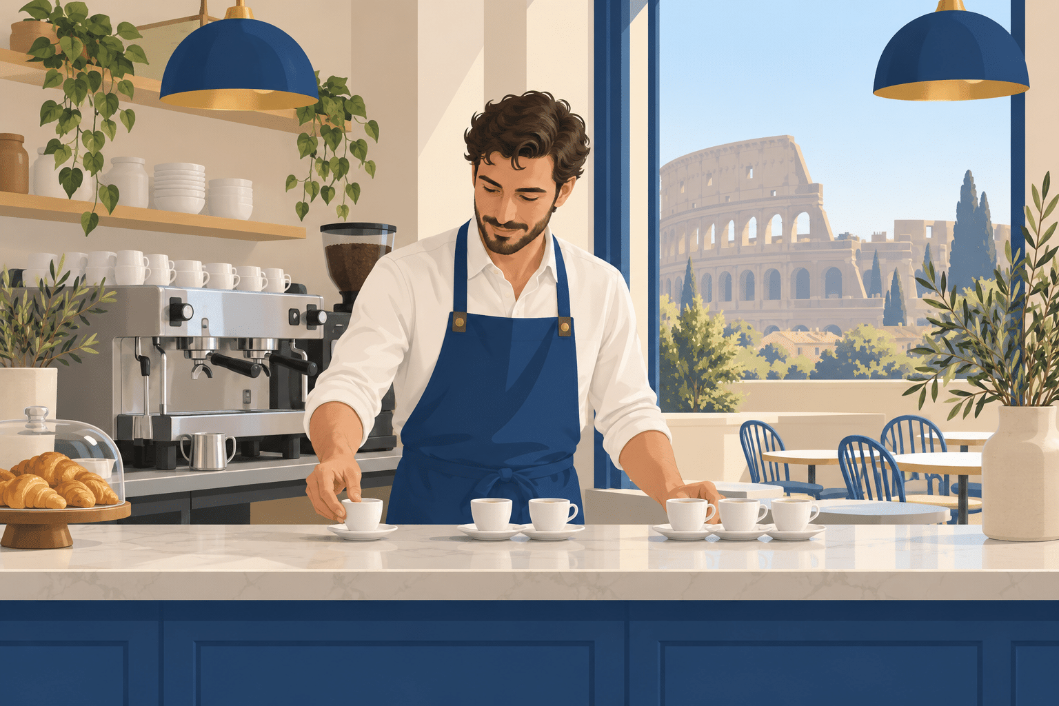 İtalyanca sayılar: İtalyan kafesinde espresso fincanlarını birli, ikili ve üçlü gruplar hâlinde dizen barista, pencerede Kolezyum silueti illüstrasyonu