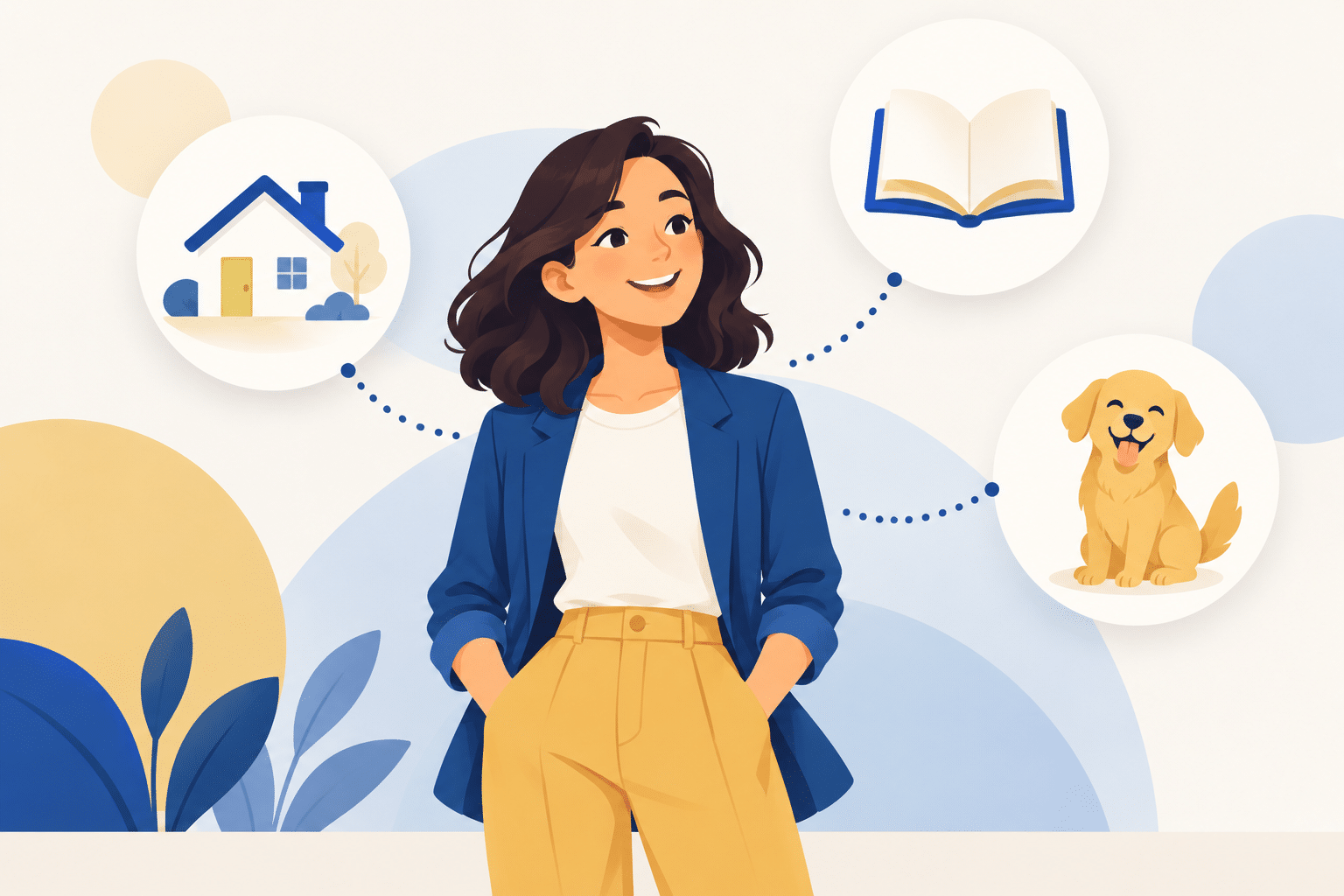 Relative clauses konu anlatımı: bir kişiyi ev, kitap ve köpek simgelerine noktalı çizgilerle bağlayan illüstrasyon