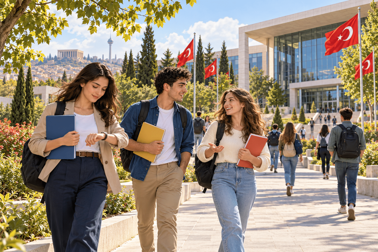 AGS YDS için hazırlanan öğretmen adayları: Ankara'da güneşli bir üniversite kampüsünde ağaçlı yoldan sırt çantaları ve kollarının altında dosyalarla cam cepheli modern bir binaya yürüyen gençler, biri saatine bakıyor, ikisi yürürken sohbet ediyor; yol boyunca yüksek direklerde dalgalanan Türk bayrakları illüstrasyonu